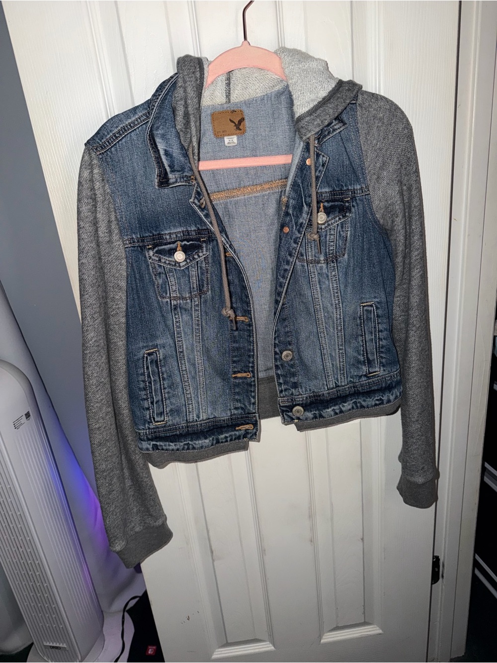 American Eagle Outfitters Denim Jacket with Gray Hooded Sleeves